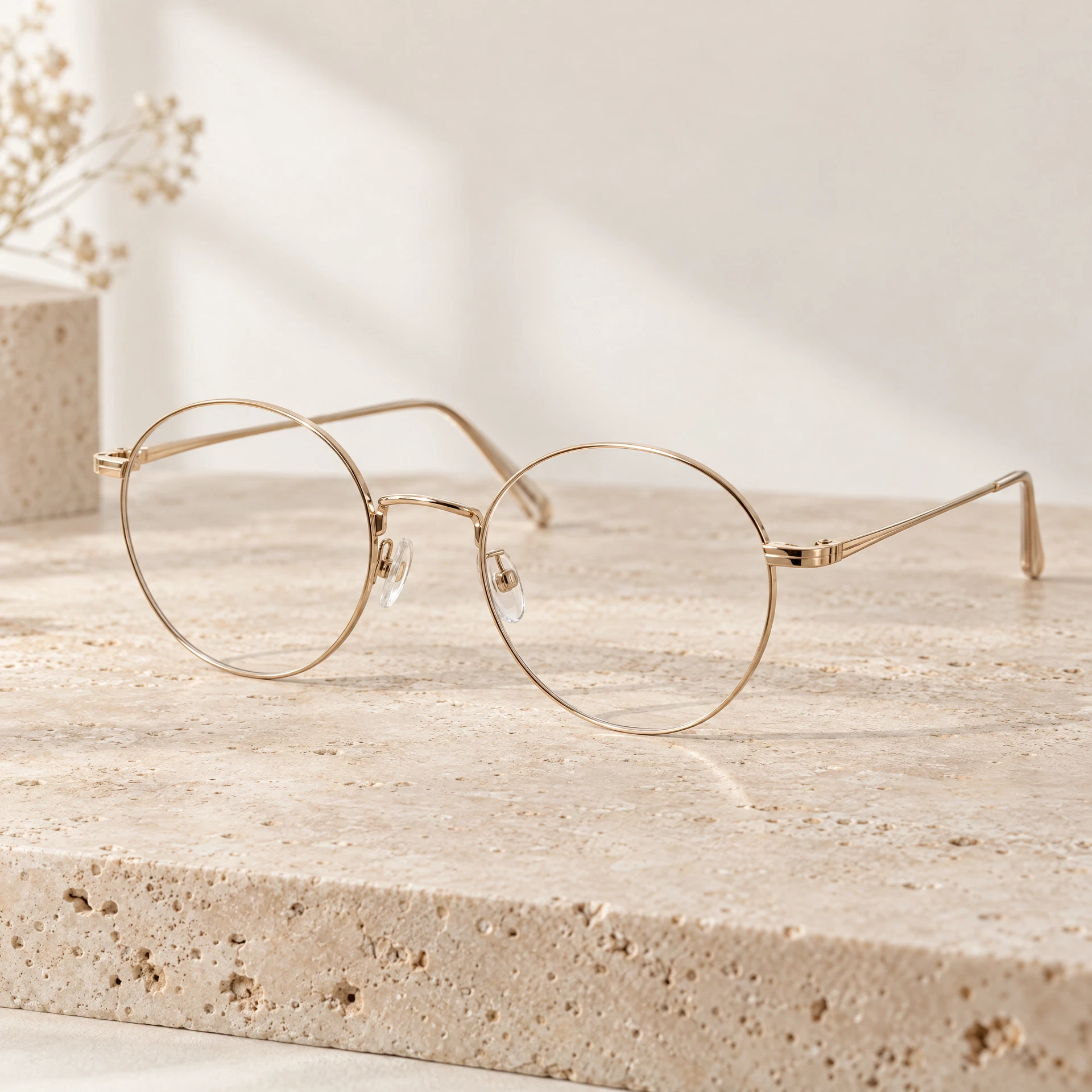 Frame Senja, kacamata bulat tipis warna emas champagne
